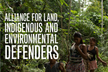 The text "Alliance for Women and children walking in the rainforest and the text "Land, Indigenous and Environmental Defenders".