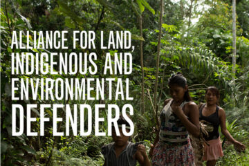 Teksti "Alliance for Land, Indigenous and Environmental Defenders". Taustalla naisia ja lapsia kulkemassa sademetsässä.