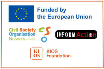 EU logo with the text "Funded by the European Union", Civil Society Organisation Network logo, InformAction logo and KIOS Foundation logo.