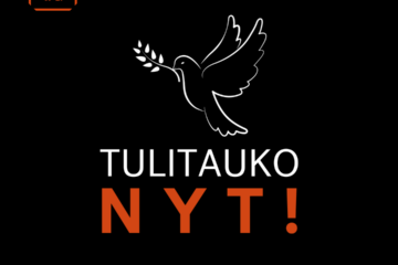 Kuvassa mustalla taustalla valkoisella teksti Tulitauko ja oranssilla Nyt!, jonka jälkeen #ceasefirenow. Tekstin yläpuolella kyyhky oliivinlehtioksa suussa. Vasemmassa yläreunassa oranssi KIOS-logo (teksti KIOS kahdella rivillä kulmista auki olevan neliön keskellä)